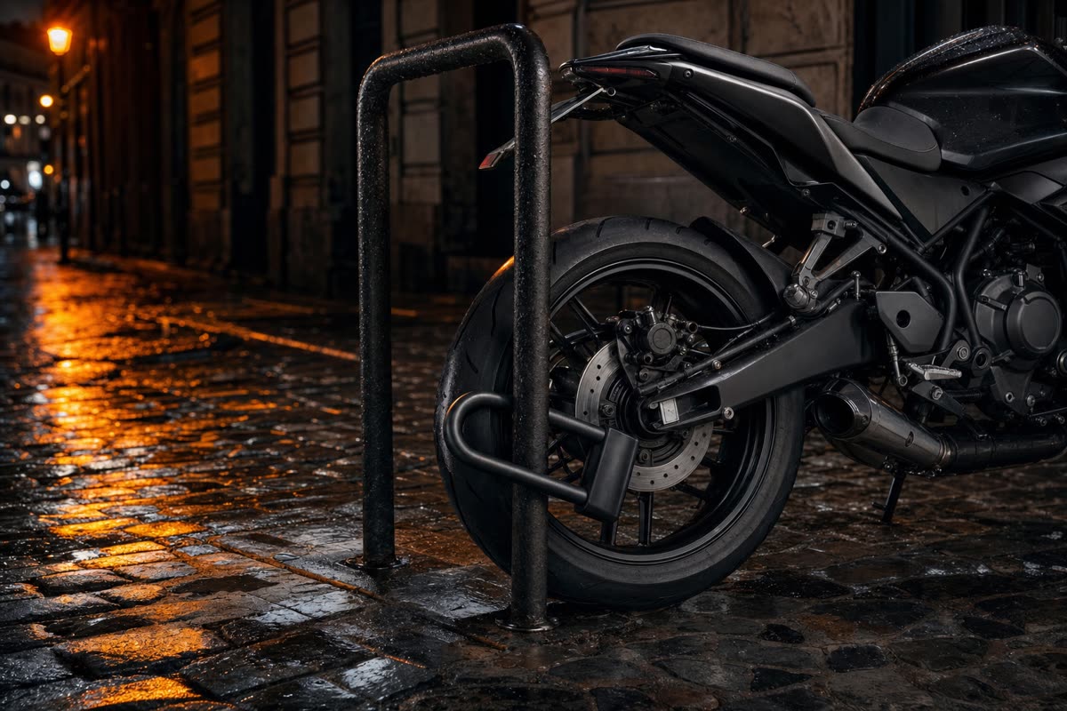 Antivol en U passé dans la jante arrière d'une moto et autour d'un arceau, la nuit sur des pavés mouillés