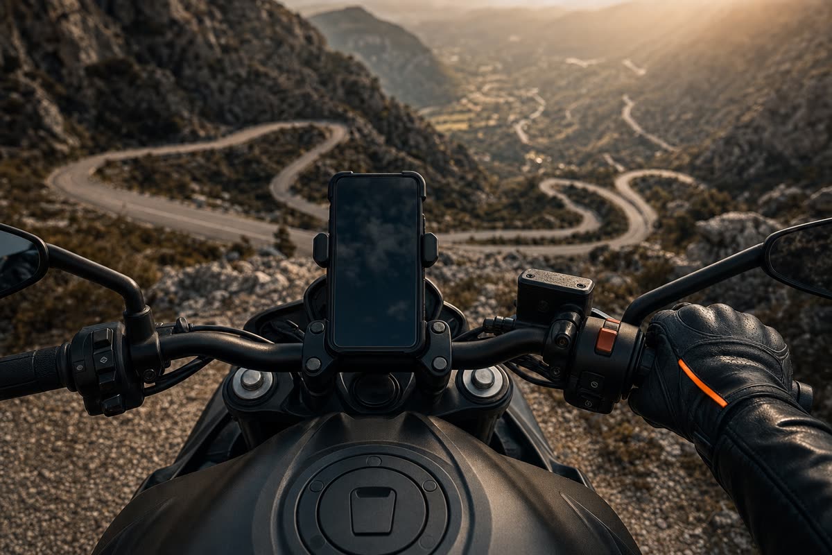 Guidon de moto vu du pilote, téléphone sur son support face à une route de montagne en lacets